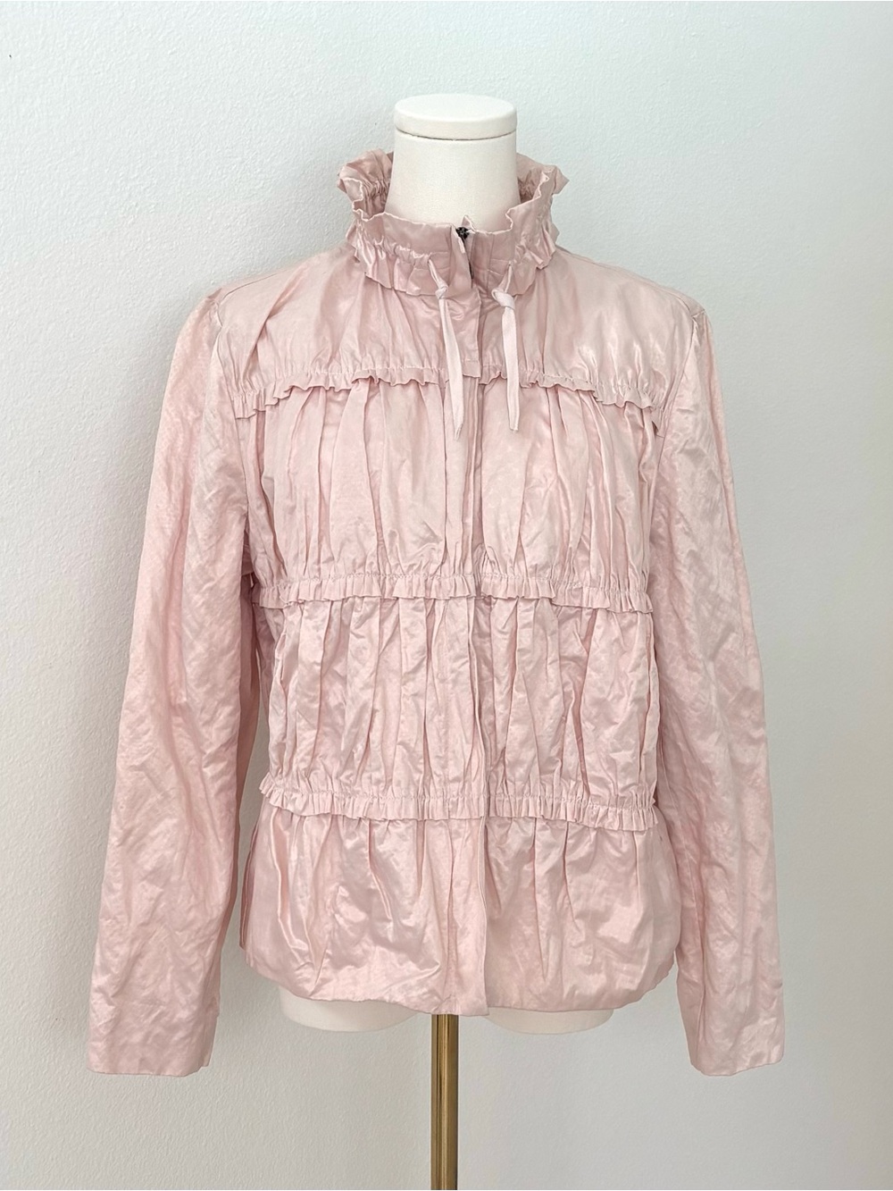 Chico’s Sandee Windbreaker Jacket NWT Pale Pink Ruching Ruffles Cottagecore 1/M
